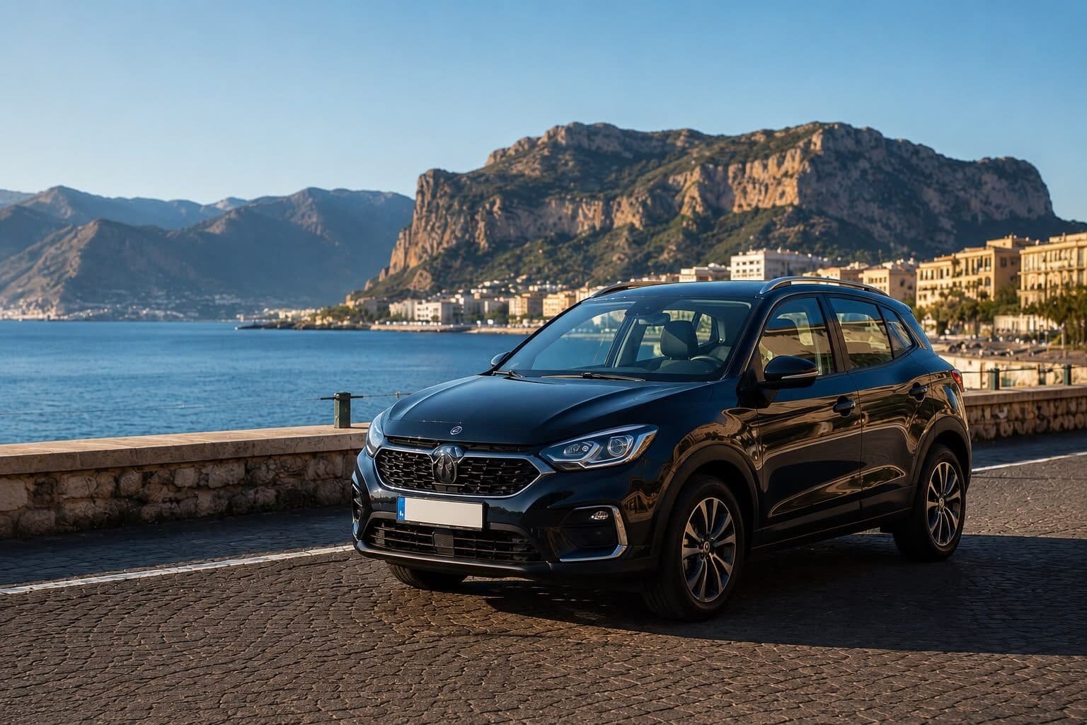 Auto a noleggio Sicily by Car parcheggiata sul lungomare siciliano, servizio convenzionato con il B&B Gallery Luxury di Palermo